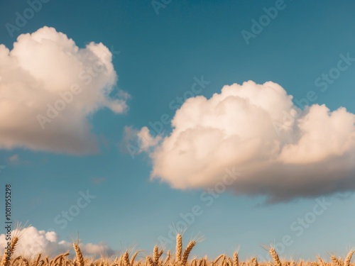 Wheat field under a clear blue sky adorned with fluffy white clouds. photo