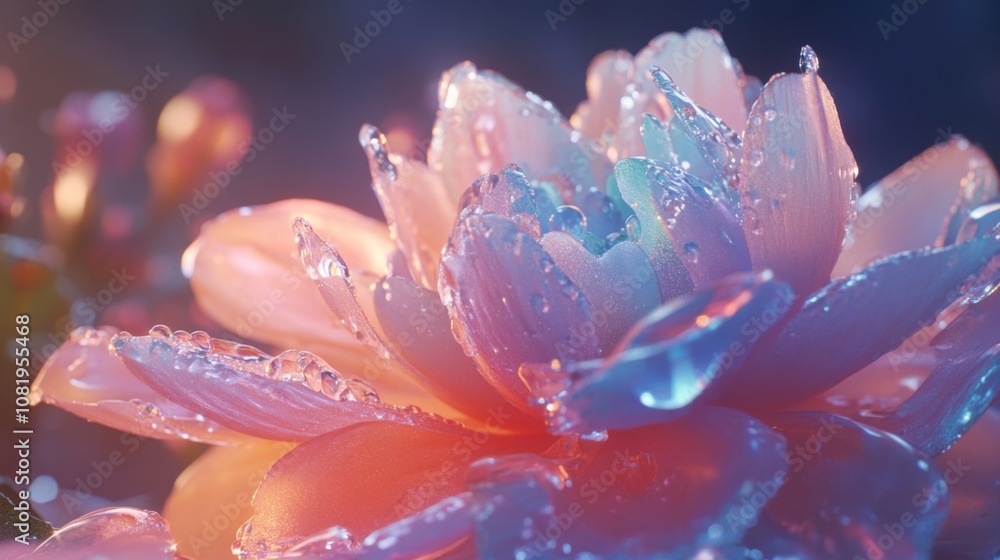 Fototapeta premium Ethereal Blooming Flower with Delicate Petals and Water Droplets, Bathed in Soft Light, Creating a Dreamy, Colorful Background Ideal for Nature and Beauty Themes