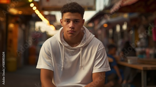 Latino teenager smiling with cinematic style in stock photo, f/1.8 focus.