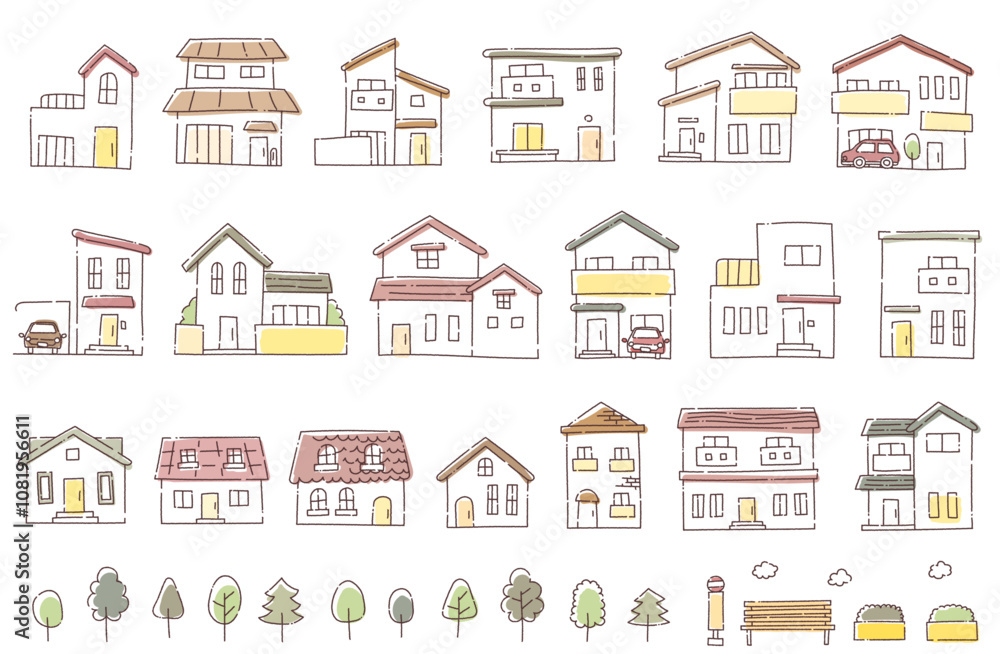 住宅・建物の手描きベクターイラスト(白背景) 住宅・建物の手描きベクターイラスト(白背景)