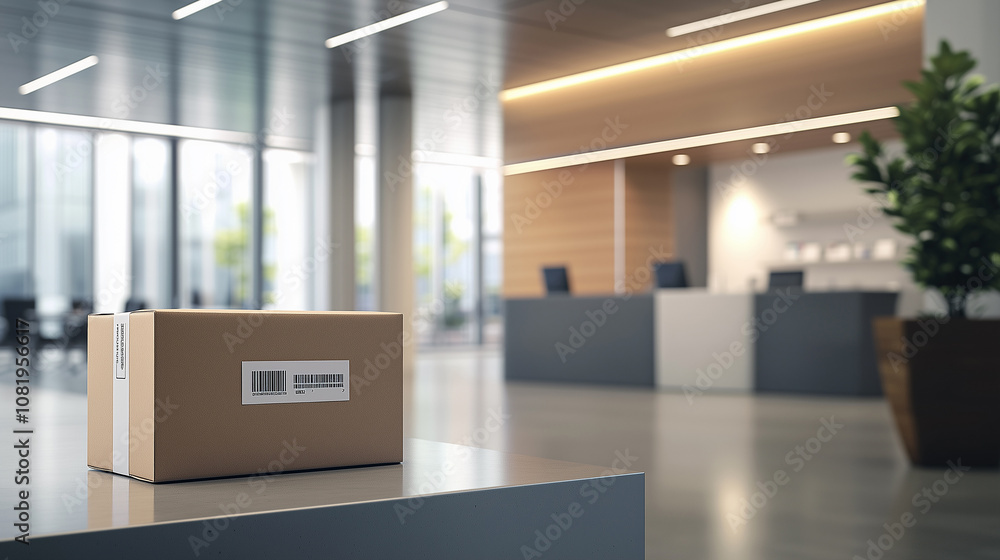 cardboard package sits on a desk in a modern office lobby, ready for delivery or pickup, symbolizing logistics and workplace shipping. cardboard package sits on a desk in a modern office lobby, ready for delivery or pickup, symbolizing logistics and workplace shipping.