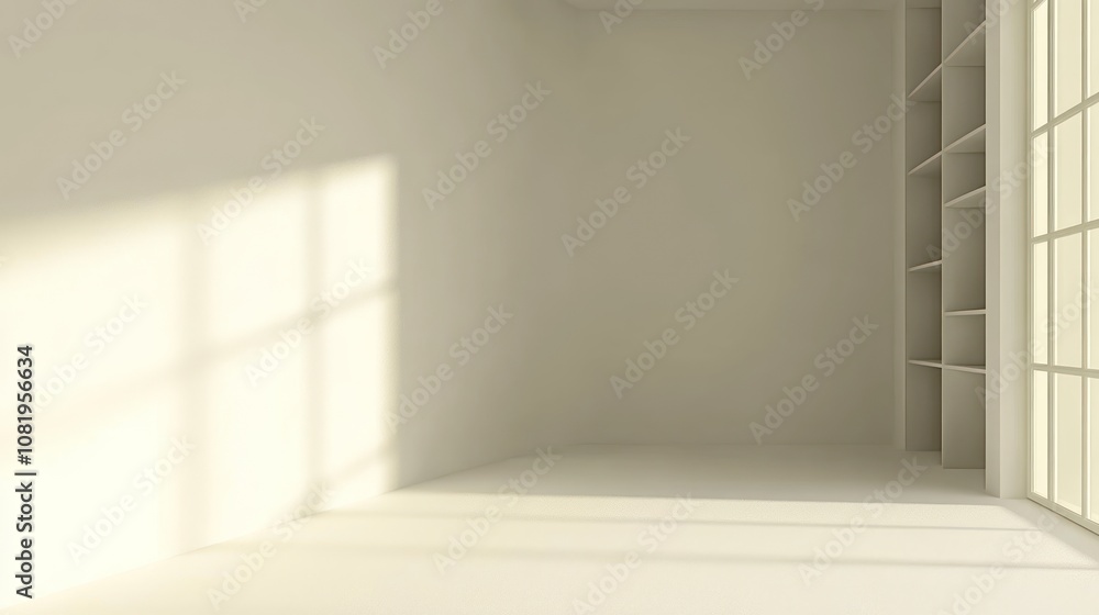 Fototapeta premium Bright, minimalistic room with natural light and shelves.