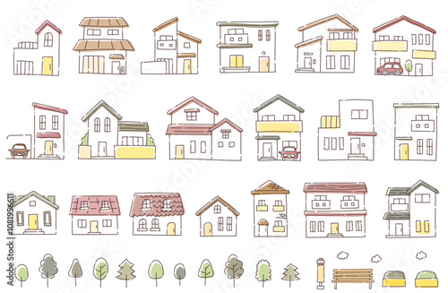 住宅・建物の手描きベクターイラスト（白背景）