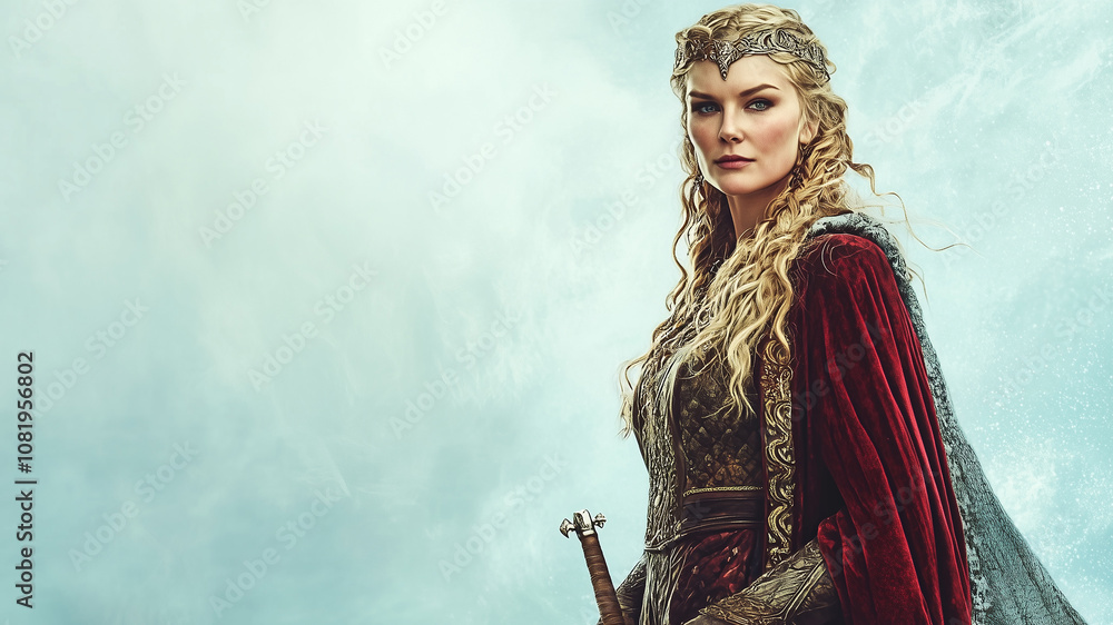 Fototapeta premium Young woman wearing an ornate crown, holding a decorated staff, smiling confidently, portraying a fantasy queen or princess in a medieval-style setting.