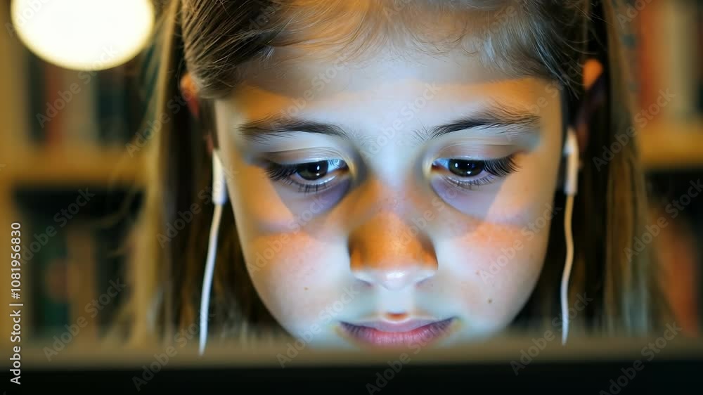 Focused child immersed in technology with earphones and laptop at night Focused child immersed in technology with earphones and laptop at night
