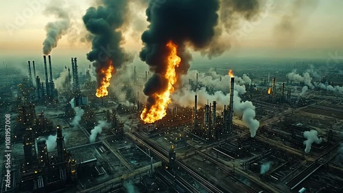 Massive Industrial Fire Blazes at Oil Refinery During Sunset, Releasing Thick Smoke and Flames Over the Facility