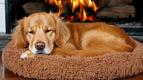 Golden Retriever Resting Comfortably on a Cozy Bed Near a Warm Fireplace in a Serene Indoor Setting