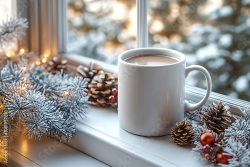 White ceramic tea mug mockup with Santa toy, winter x-mas decorations and copy space for your imprint. Front view 10oz cup background for Christmas promotional content
 photo