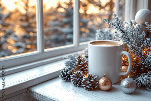 White ceramic tea mug mockup with Santa toy, winter x-mas decorations and copy space for your imprint. Front view 10oz cup background for Christmas promotional content
 photo