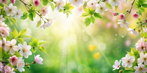 Close-up of spring background with flowers and green leaves