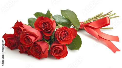 Fototapeta Naklejka Na Ścianę i Meble -  Simple blank card on a white background with a bouquet of red roses tied with ribbon, adding a romantic touch.