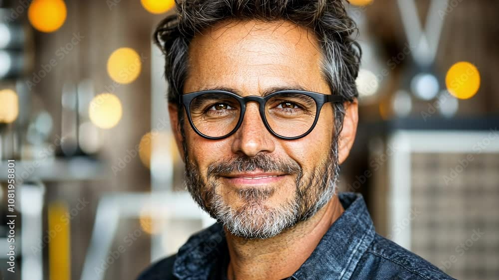 A Charismatic Man With Glasses Smiles Warmly in a Stylish Urban Cafe During the Afternoon A Charismatic Man With Glasses Smiles Warmly in a Stylish Urban Cafe During the Afternoon