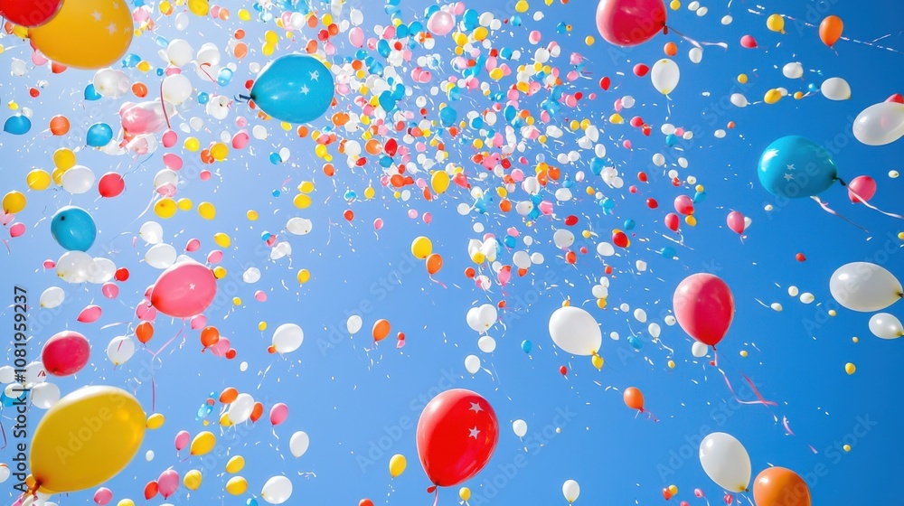 Colorful Balloons Floating in a Clear Blue Sky Colorful Balloons Floating in a Clear Blue Sky
