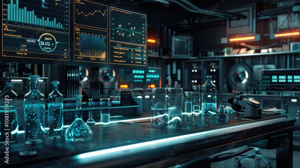 Medical research lab with glowing test tubes and digital charts Medical research lab with glowing test tubes and digital charts