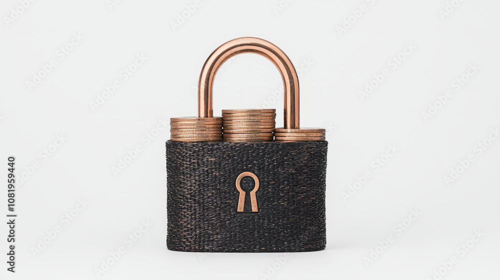 Secure padlock with stacked coins symbolizes financial safety and protection. This conveys importance of safeguarding assets and investments in visually striking manner Secure padlock with stacked coins symbolizes financial safety and protection. This conveys importance of safeguarding assets and investments in visually striking manner