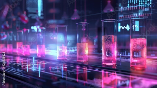 Medical research lab with glowing test tubes and digital charts