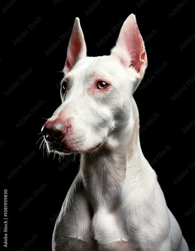Portrait photo of an albino white doberman with blue eyes on black background Portrait photo of an albino white doberman with blue eyes on black background
