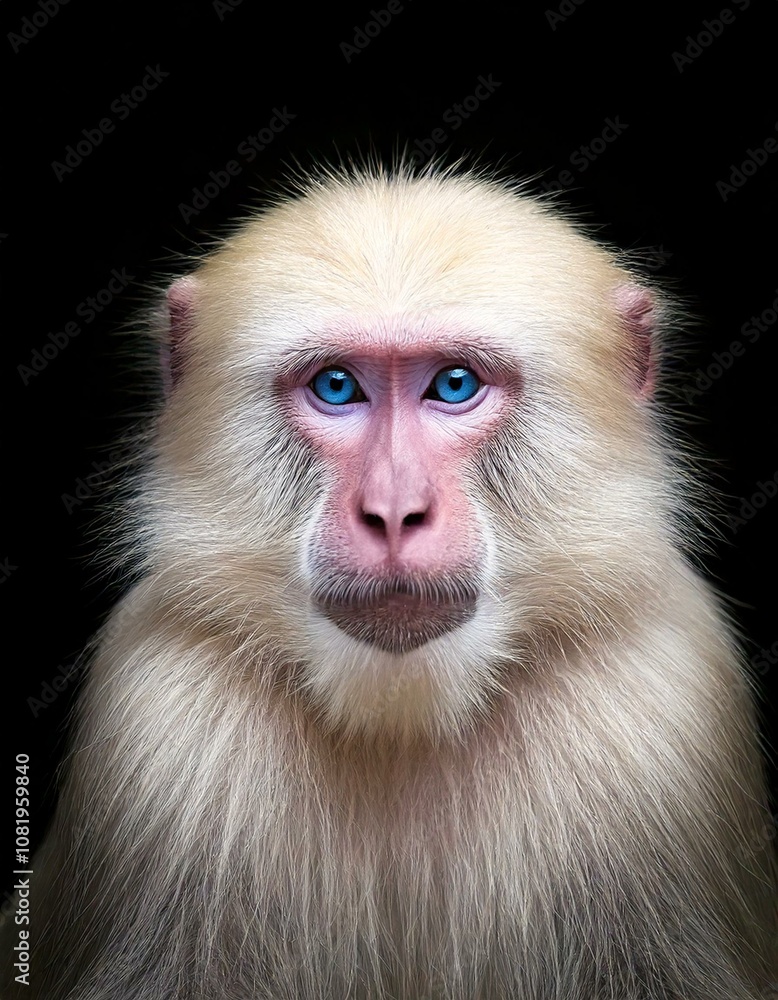 Obraz premium Portrait photo of an albino white monkey with blue eyes on black background