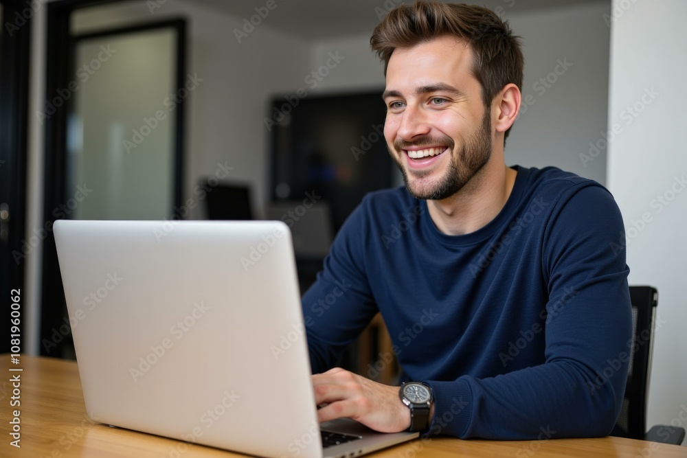 Happy Young Man Working on Laptop in Modern Office Space, Ideal for Web Design, Marketing, and Freelance Concepts Happy Young Man Working on Laptop in Modern Office Space, Ideal for Web Design, Marketing, and Freelance Concepts