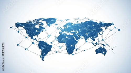 Abstract Blue World Map with Network Connections Representing Global Communication and Technology Interconnectivity on a Light Background