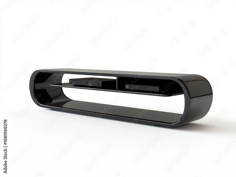 Sleek Black Glossy Media Console with Open Shelving for Entertainment Equipment Sleek Black Glossy Media Console with Open Shelving for Entertainment Equipment