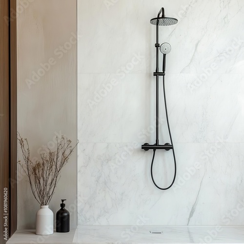 Marble shower with rain showerhead and hand-held sprayer, functional and stylish, comfort, luxury