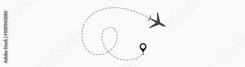 airplane travel straight and dotted path and location pin icon. start point and dash line trace for plane isolated vector illustration EPS 10