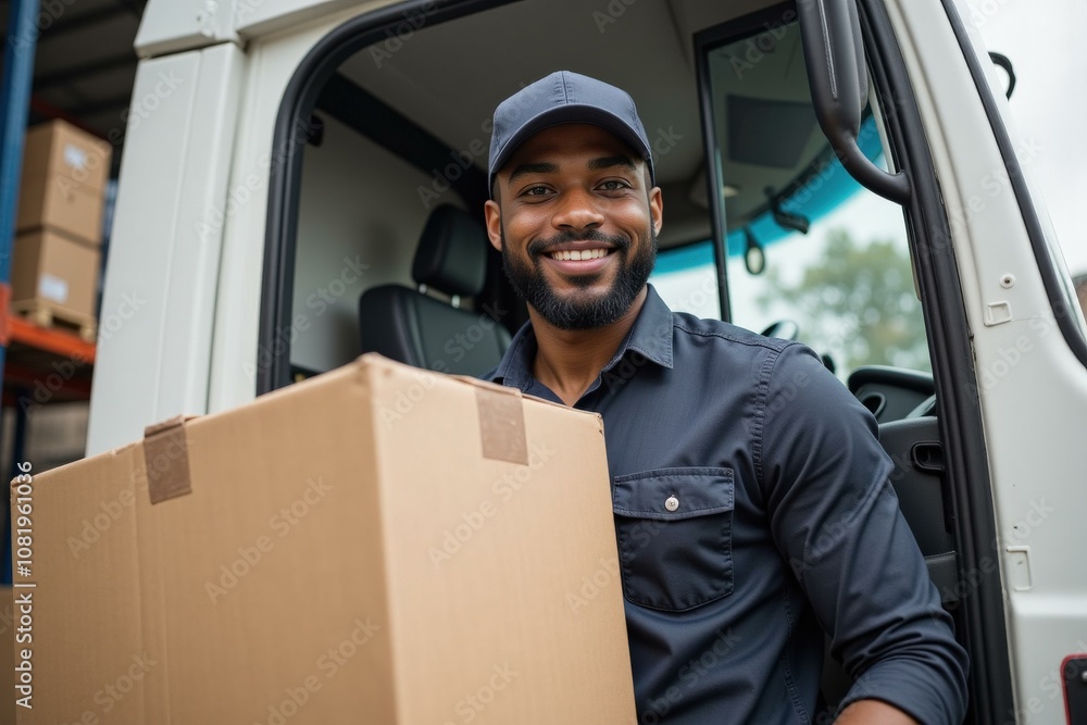 Happy Delivery Man Holding Box in Van, Perfect for Logistics and Transportation Business Advertising Happy Delivery Man Holding Box in Van, Perfect for Logistics and Transportation Business Advertising