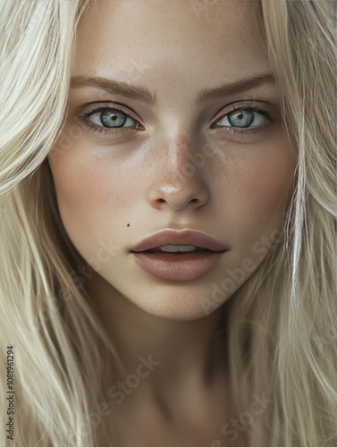 Portrait of a cute woman with long blonde hair, piercing blue eyes, natural makeup, and a faint scar on her cheek