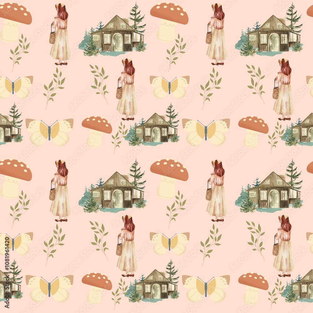 Obraz premium Cottage And Mushroom Seamless Pattern