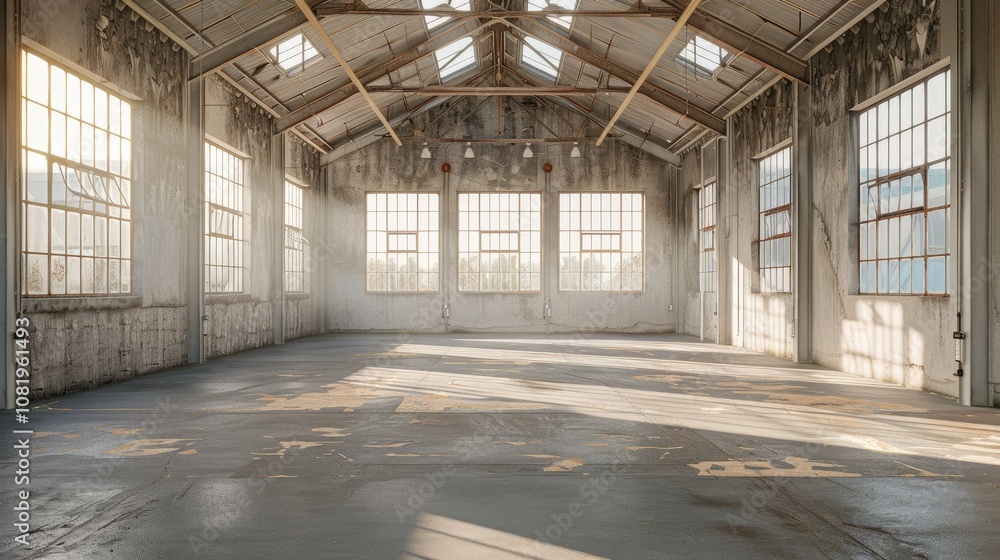 Indoor industrial space with high ceilings and ample natural light Indoor industrial space with high ceilings and ample natural light