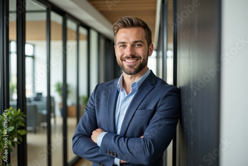 Confident Businessman in Blue Suit Smiling in Modern Office Setting, Perfect for Business Marketing or Professional Profile