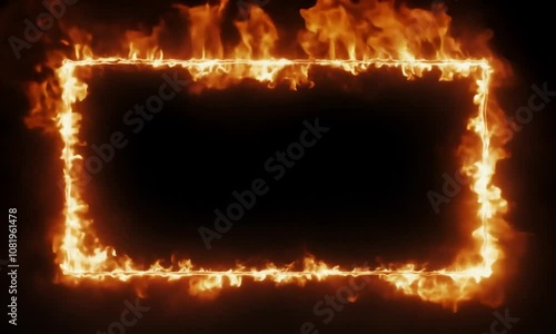 Blazing rectangular frame with fiery edges and dark center, creating a bold and intense visual effect photo