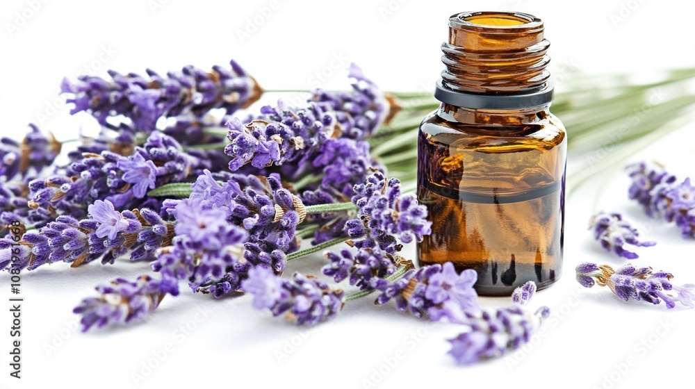 Lavender Flowers and a Bottle of Essential Oil Lavender Flowers and a Bottle of Essential Oil