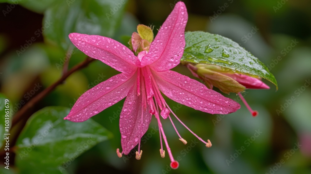 Close-Up View of a Beautiful Pink Flower with Raindrops on Petals Surrounded by Lush Green Leaves in a Vibrant Natural Setting Close-Up View of a Beautiful Pink Flower with Raindrops on Petals Surrounded by Lush Green Leaves in a Vibrant Natural Setting