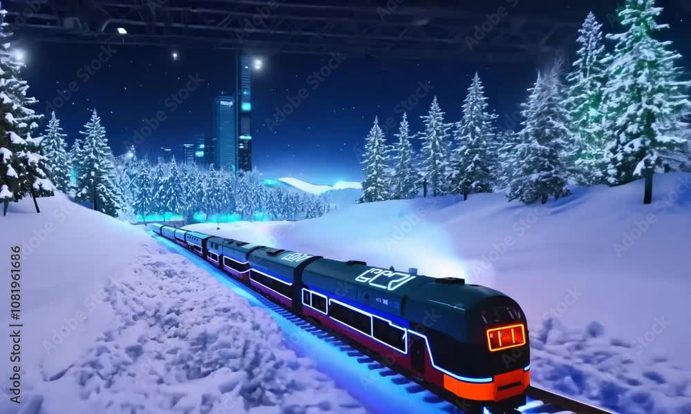 High speed train gliding through a snowy winter landscape at night, surrounded by snow covered pine trees High speed train gliding through a snowy winter landscape at night, surrounded by snow covered pine trees