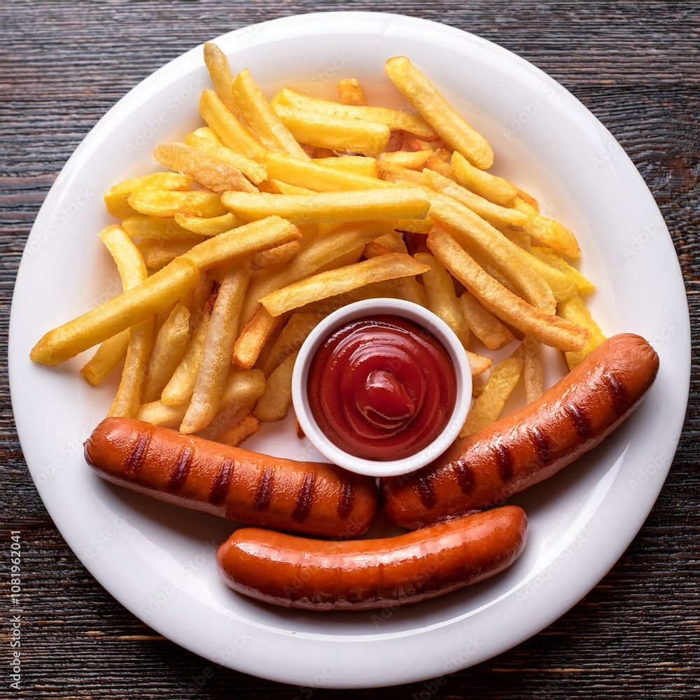 crispy French fries and two hot dogs served with a side of ketchup in a white dish crispy French fries and two hot dogs served with a side of ketchup in a white dish