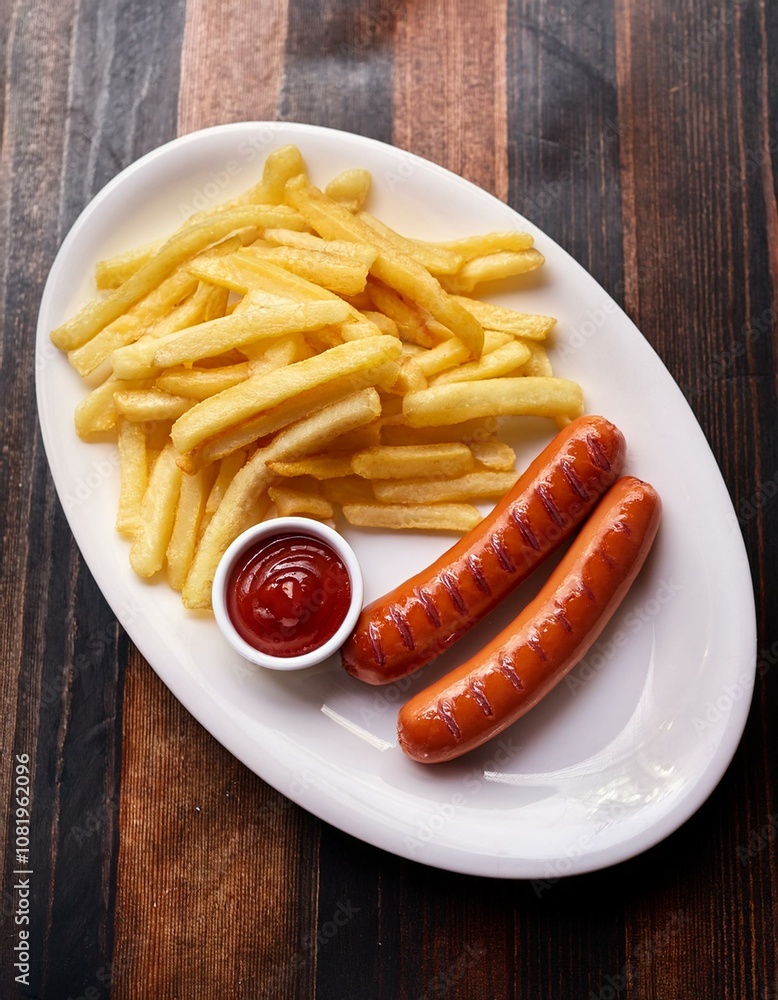 crispy French fries and two hot dogs served with a side of ketchup in a white dish crispy French fries and two hot dogs served with a side of ketchup in a white dish