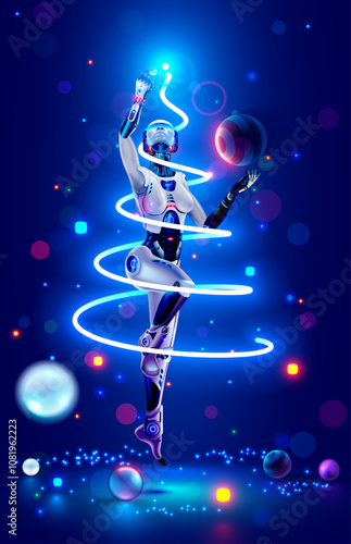 Artificial intelligence in image of female robot decorates Christmas tree in cyberspace. Christmas and New Year card in AI or artificial ingredients style. AI robot woman with neon Christmas tree.