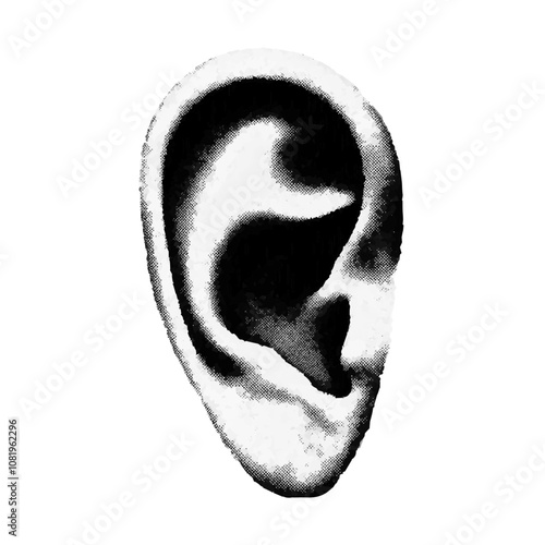 ear sign isolated on transparent background. grunge photocopy and abstract stipple sand effect. Element in stipple halftone brutalist retro design. Vector illustration for vintage music posters