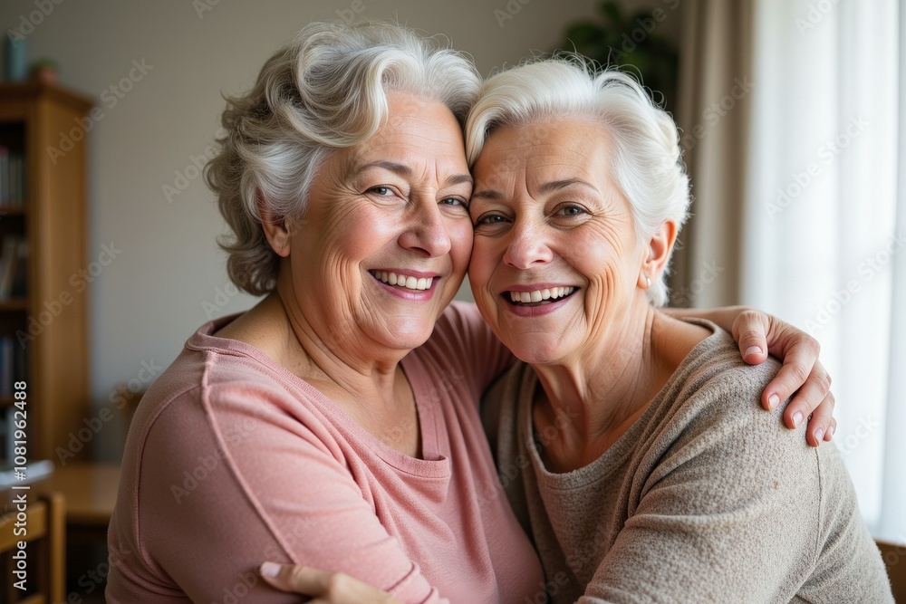 Heartwarming Portrait of Two Elderly Women Smiling Together, Perfect for Greeting Cards, Posters, and Wall Art Heartwarming Portrait of Two Elderly Women Smiling Together, Perfect for Greeting Cards, Posters, and Wall Art