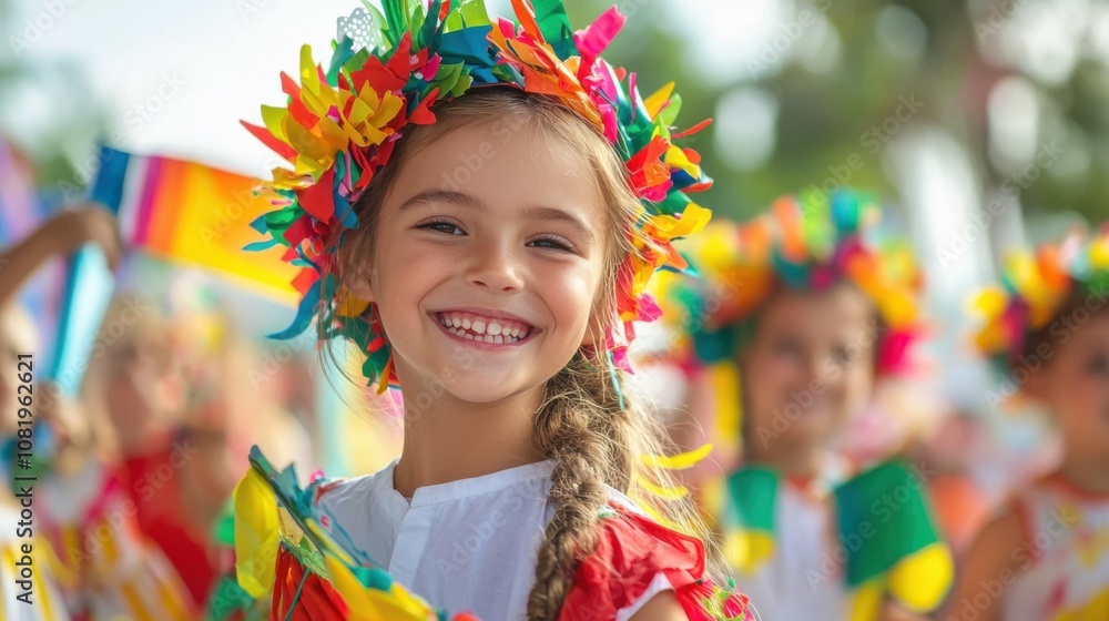 Joyful Girl in Colorful Festive Attire Smiling Brightly Joyful Girl in Colorful Festive Attire Smiling Brightly