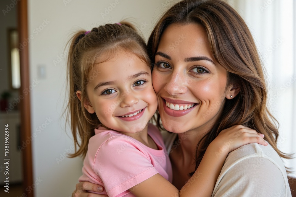 Beautiful Mother and Daughter Smiling Together at Home: Perfect for Greeting Cards, Wall Art, and Family Portraits Beautiful Mother and Daughter Smiling Together at Home: Perfect for Greeting Cards, Wall Art, and Family Portraits