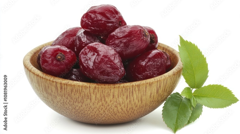 Red Cherries in a Wooden Bowl with Green Leaves Red Cherries in a Wooden Bowl with Green Leaves