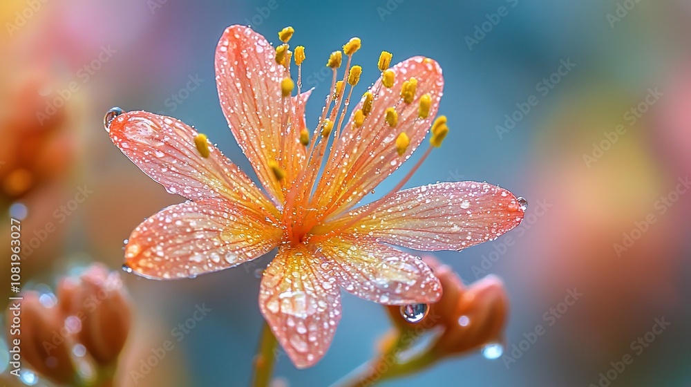 A single pink flower with water droplets on its petals, with blurred background.