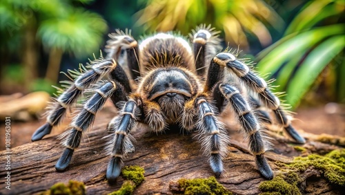 Closeup of Poecilotheria regalis tarantula on outside background with reflection photo