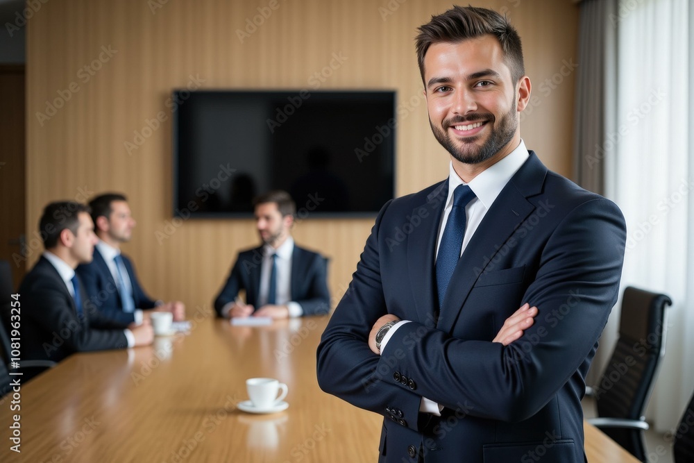 Confident Businessman in Professional Meeting Room, Perfect for Corporate Marketing, Business Presentations, and Team Collaboration Concepts Confident Businessman in Professional Meeting Room, Perfect for Corporate Marketing, Business Presentations, and Team Collaboration Concepts