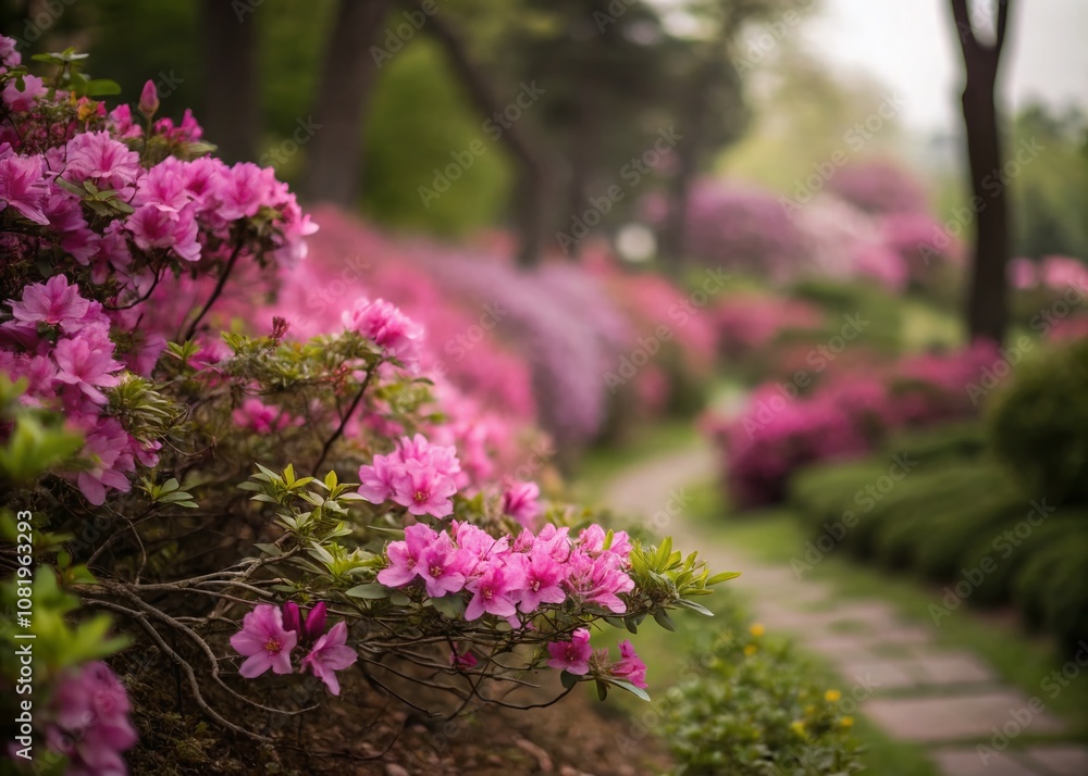 Fototapeta premium Tilt-Shift Photography of Blooming Magenta Flowers in a Vibrant Garden, Capturing Nature's Beauty with a Miniature Effect for Stunning Visual Appeal