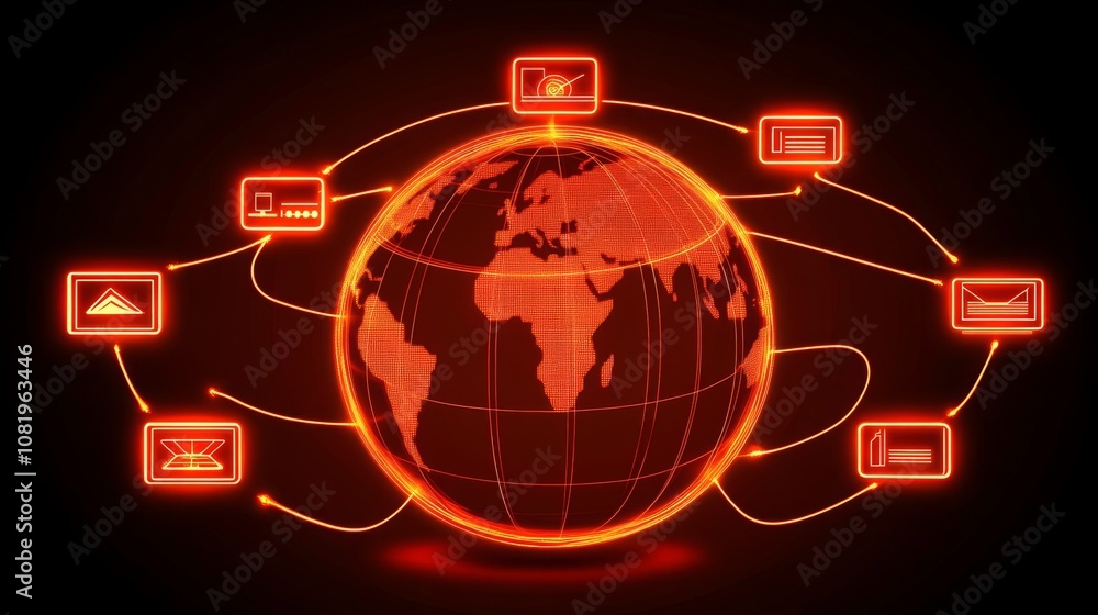Futuristic Concept of Global Connectivity with Digital Icons Surrounding an Illuminated Earth Globe Signifying Technology and Communication Innovations Worldwide Futuristic Concept of Global Connectivity with Digital Icons Surrounding an Illuminated Earth Globe Signifying Technology and Communication Innovations Worldwide