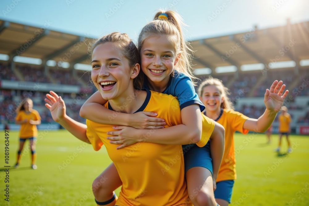 Obraz premium Celebrating Soccer Victory: Joyful Female Athletes in Action on the Field, Perfect for Sports Merchandise and Motivational Posters